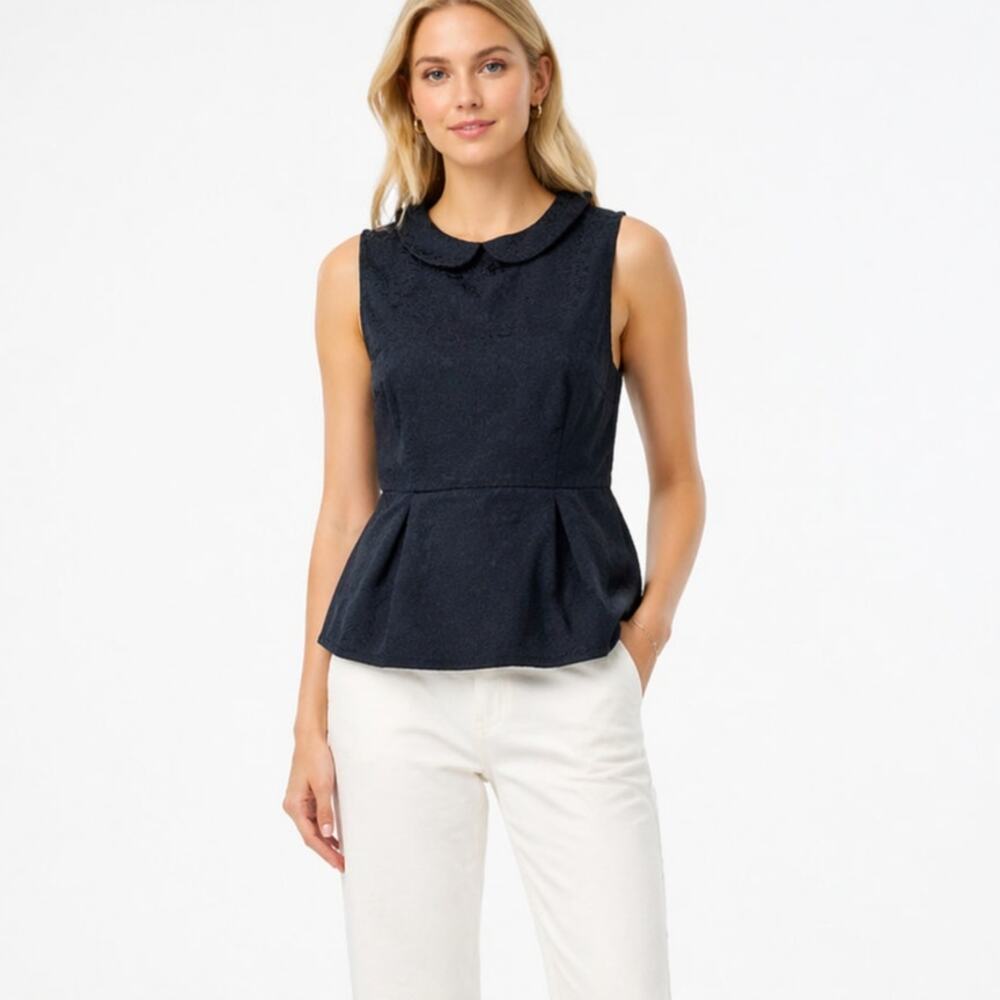 J. Crew Jacquard Peter Pan Peplum Top Navy Blue 06352 Size 6
